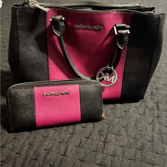 Michael Kors Handbags - Michael Kors Black and Pink Satchel with Signature Charm